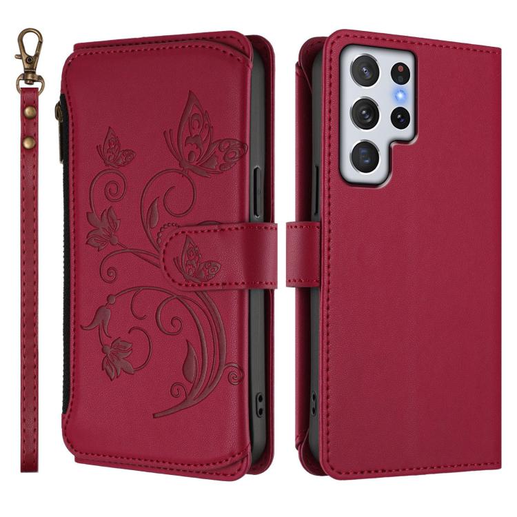 For Galaxy S22 Ultra 5G Butterfly Love Flower Multi-card Zipper Wallet Leather Phone Case