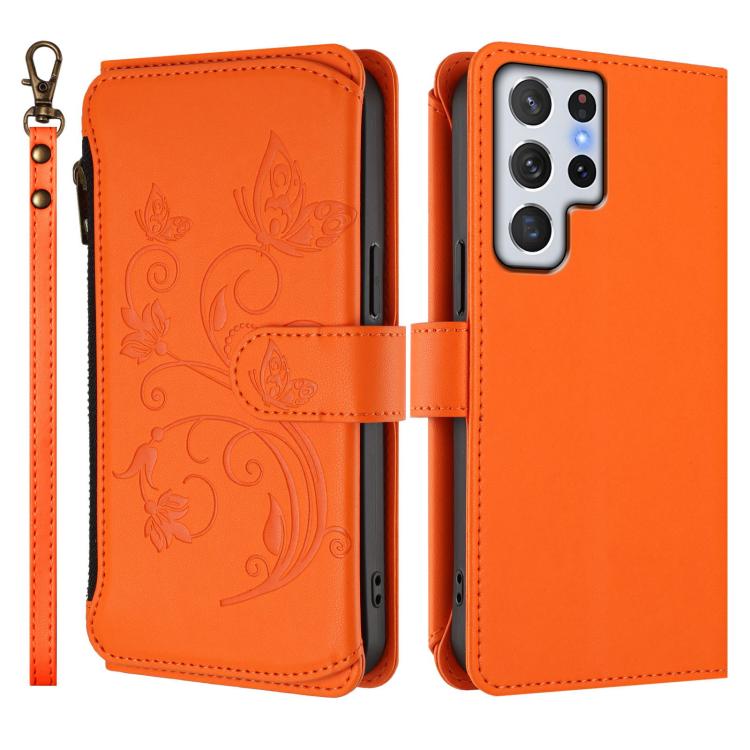 For Galaxy S22 Ultra 5G Butterfly Love Flower Multi-card Zipper Wallet Leather Phone Case