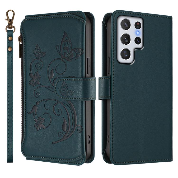 For Galaxy S22 Ultra 5G Butterfly Love Flower Multi-card Zipper Wallet Leather Phone Case