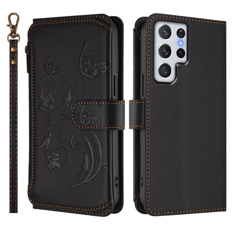 For Galaxy S22 Ultra 5G Butterfly Love Flower Multi-card Zipper Wallet Leather Phone Case