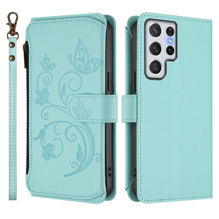 For Galaxy S22 Ultra 5G Butterfly Love Flower Multi-card Zipper Wallet Leather Phone Case