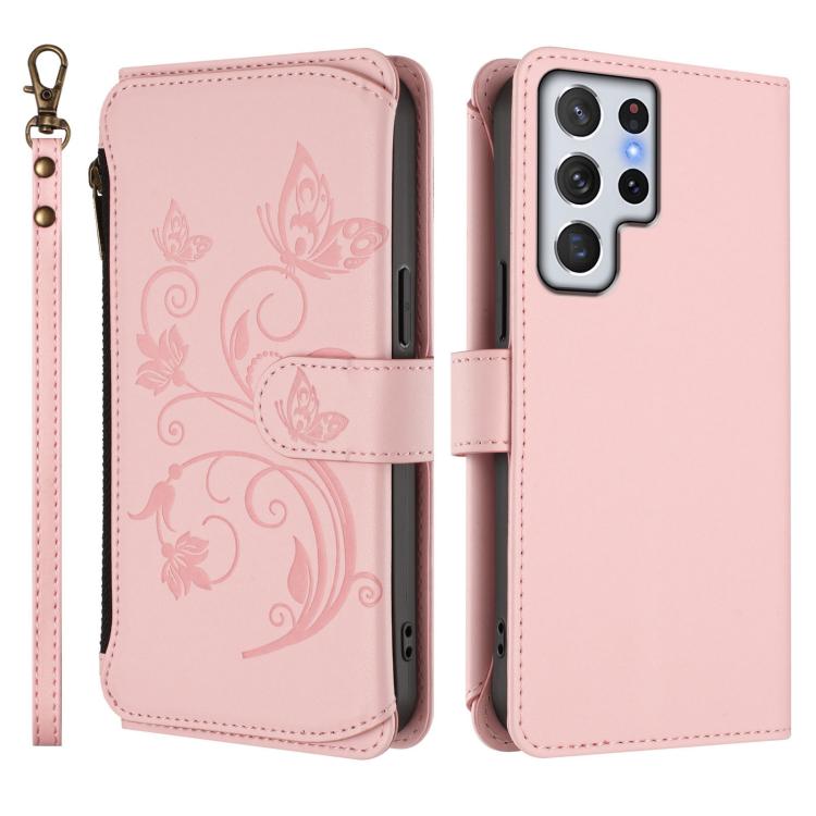 For Galaxy S22 Ultra 5G Butterfly Love Flower Multi-card Zipper Wallet Leather Phone Case