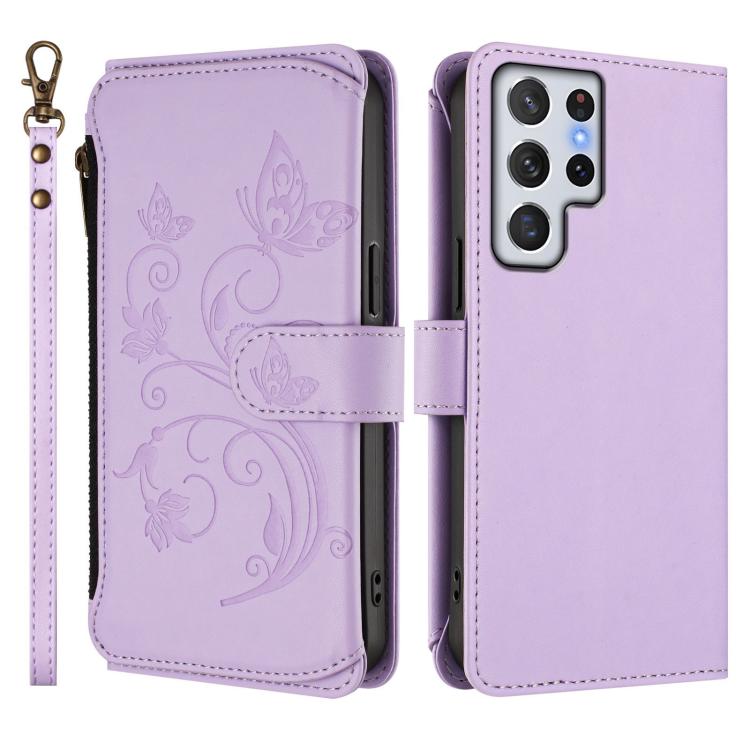 For Galaxy S22 Ultra 5G Butterfly Love Flower Multi-card Zipper Wallet Leather Phone Case