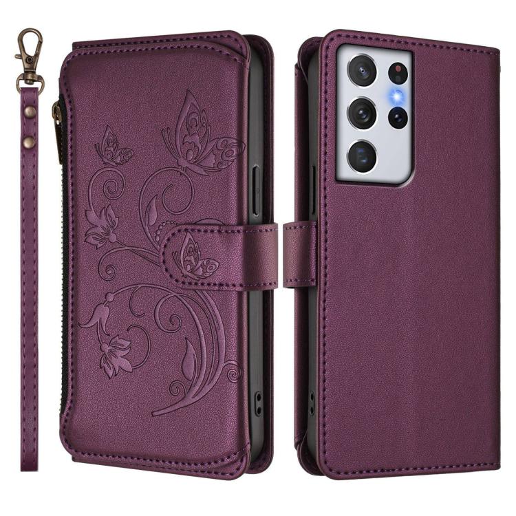 For Galaxy S21 Ultra 5G Butterfly Love Flower Multi-card Zipper Wallet Leather Phone Case
