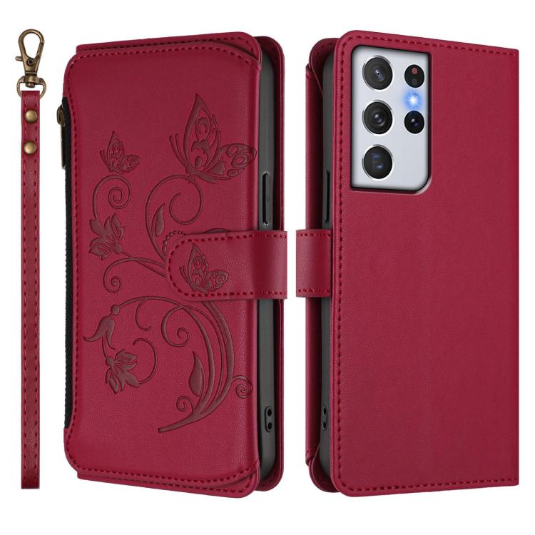 For Galaxy S21 Ultra 5G Butterfly Love Flower Multi-card Zipper Wallet Leather Phone Case