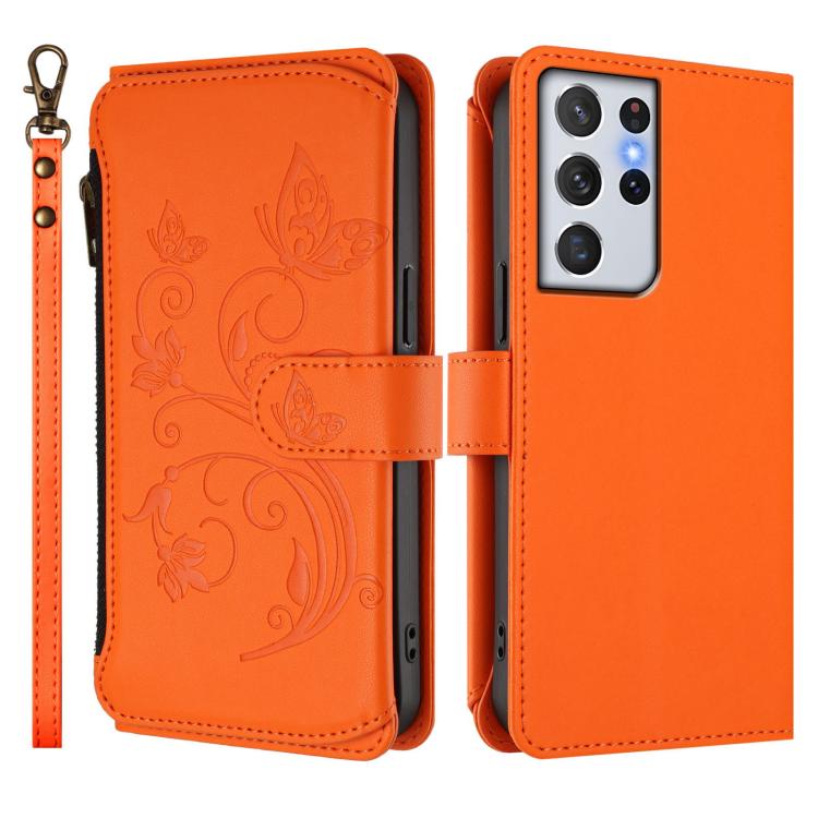 For Galaxy S21 Ultra 5G Butterfly Love Flower Multi-card Zipper Wallet Leather Phone Case