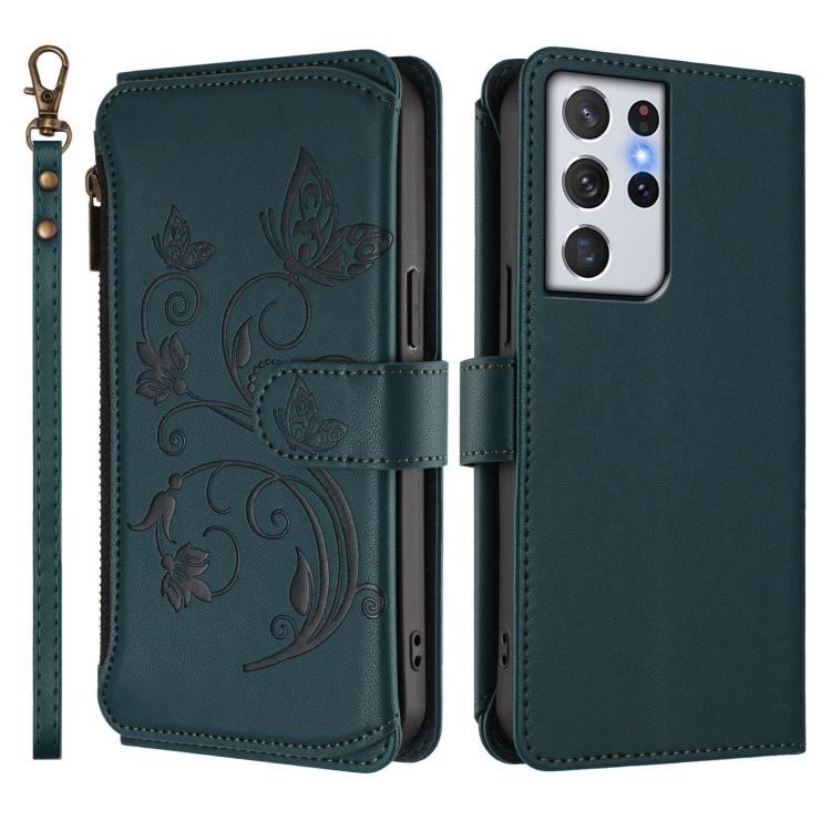 For Galaxy S21 Ultra 5G Butterfly Love Flower Multi-card Zipper Wallet Leather Phone Case