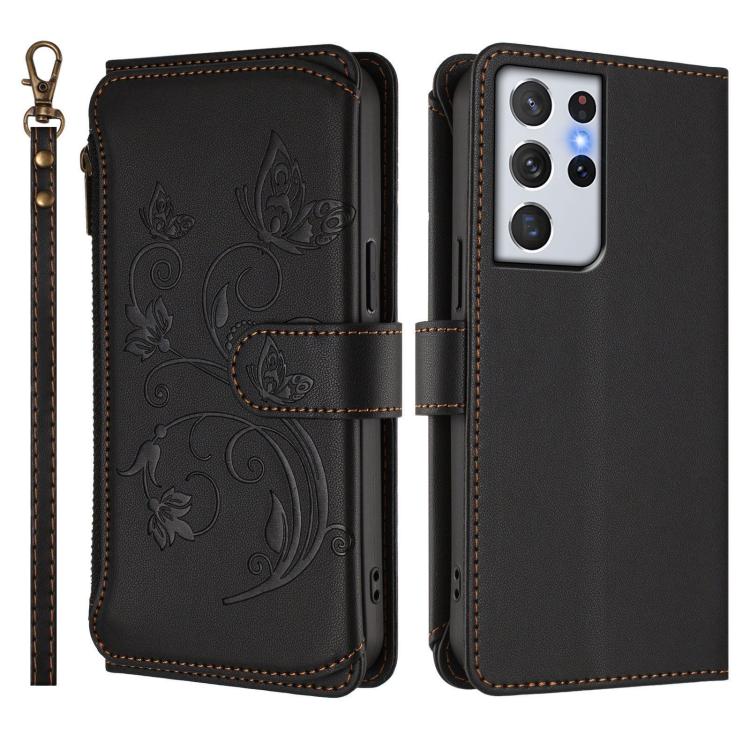 For Galaxy S21 Ultra 5G Butterfly Love Flower Multi-card Zipper Wallet Leather Phone Case