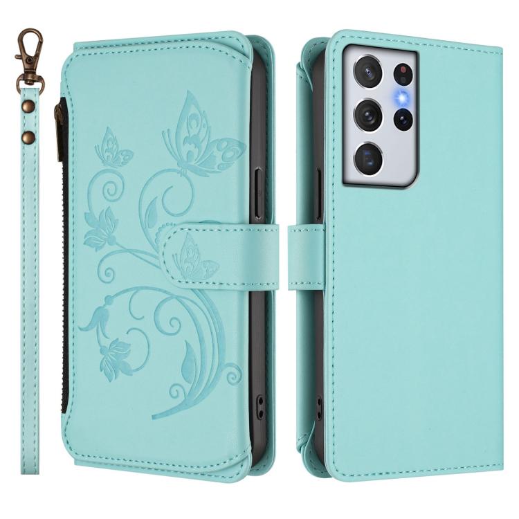 For Galaxy S21 Ultra 5G Butterfly Love Flower Multi-card Zipper Wallet Leather Phone Case
