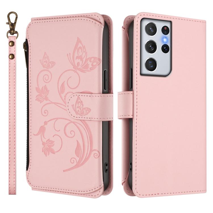 For Galaxy S21 Ultra 5G Butterfly Love Flower Multi-card Zipper Wallet Leather Phone Case