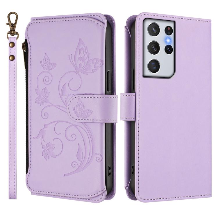 For Galaxy S21 Ultra 5G Butterfly Love Flower Multi-card Zipper Wallet Leather Phone Case
