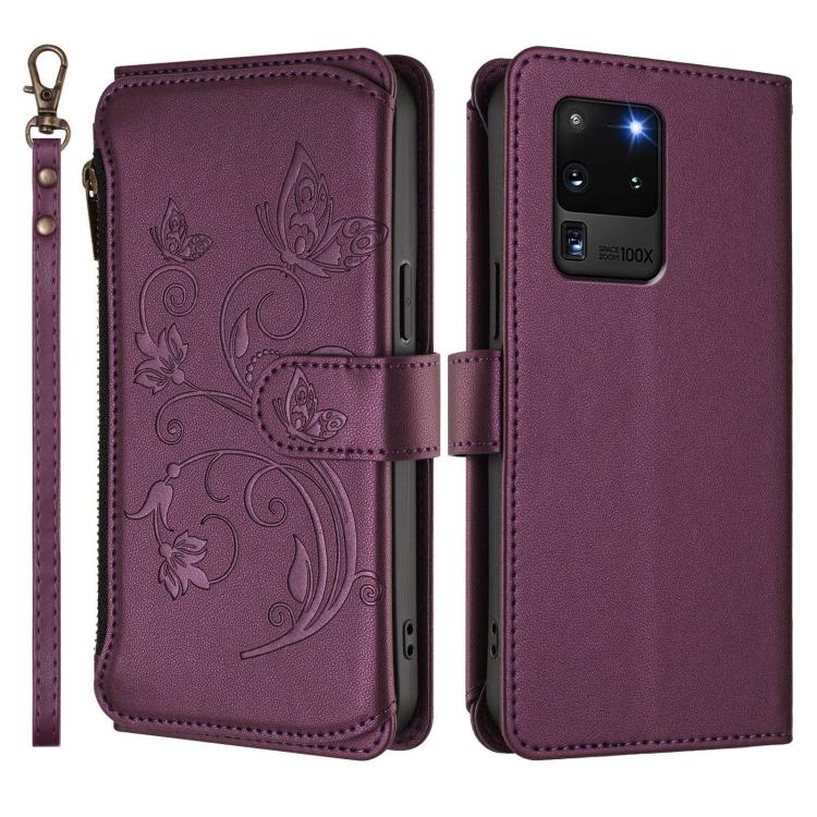 For Galaxy S20 Ultra Butterfly Love Flower Multi-card Zipper Wallet Leather Phone Case