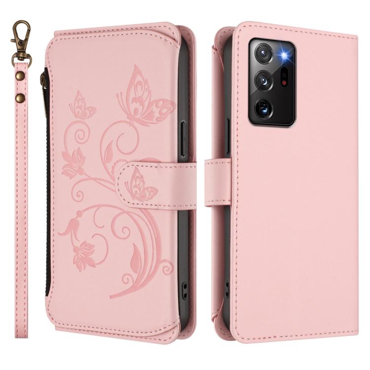 For Galaxy Note20 Ultra Butterfly Love Flower Multi-card Zipper Wallet Leather Phone Case