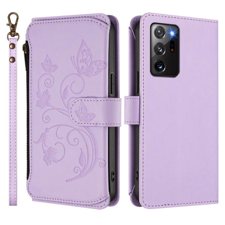 For Galaxy Note20 Ultra Butterfly Love Flower Multi-card Zipper Wallet Leather Phone Case