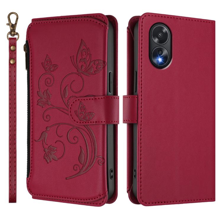 For OPPO A18 4G Global / A38 4G Butterfly Love Flower Multi-card Zipper Wallet Leather Phone Case