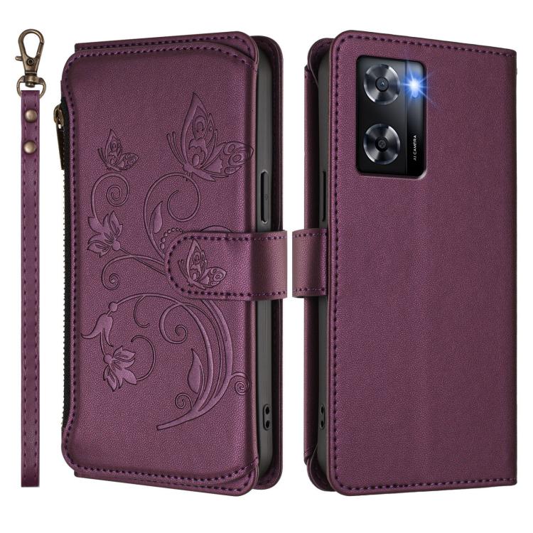 For OPPO A57 / A77 / A57s 4G Global Butterfly Love Flower Multi-card Zipper Wallet Leather Phone Case