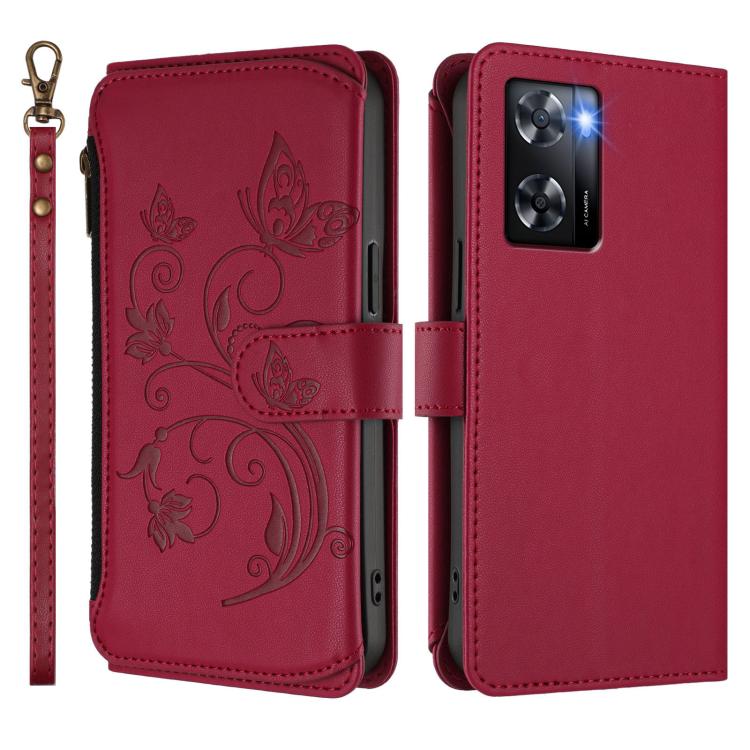 For OPPO A57 / A77 / A57s 4G Global Butterfly Love Flower Multi-card Zipper Wallet Leather Phone Case