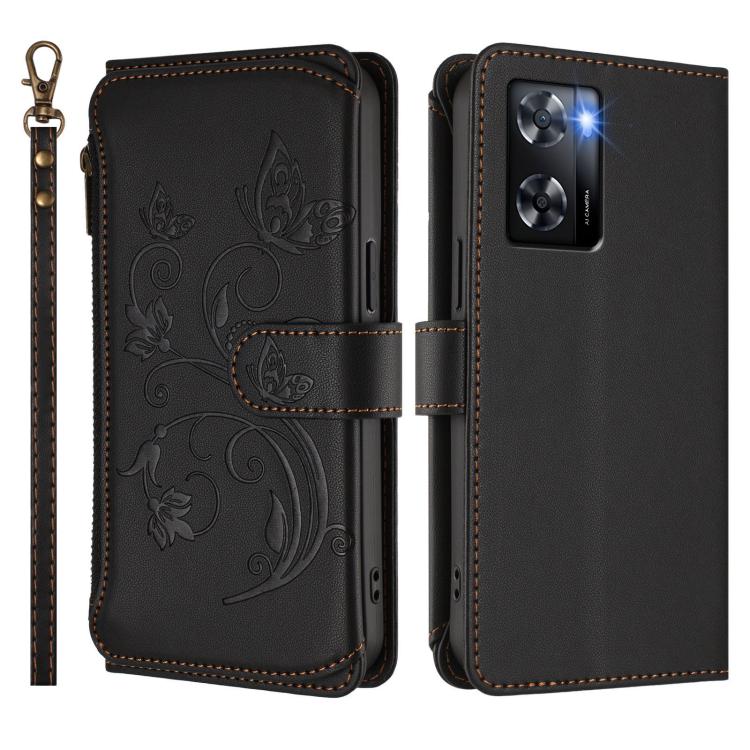 For OPPO A57 / A77 / A57s 4G Global Butterfly Love Flower Multi-card Zipper Wallet Leather Phone Case