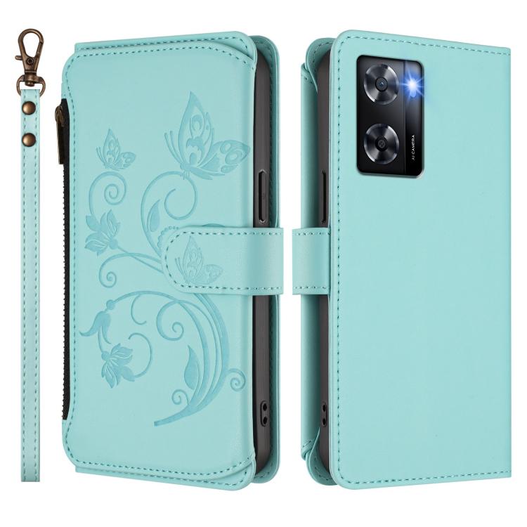 For OPPO A57 / A77 / A57s 4G Global Butterfly Love Flower Multi-card Zipper Wallet Leather Phone Case