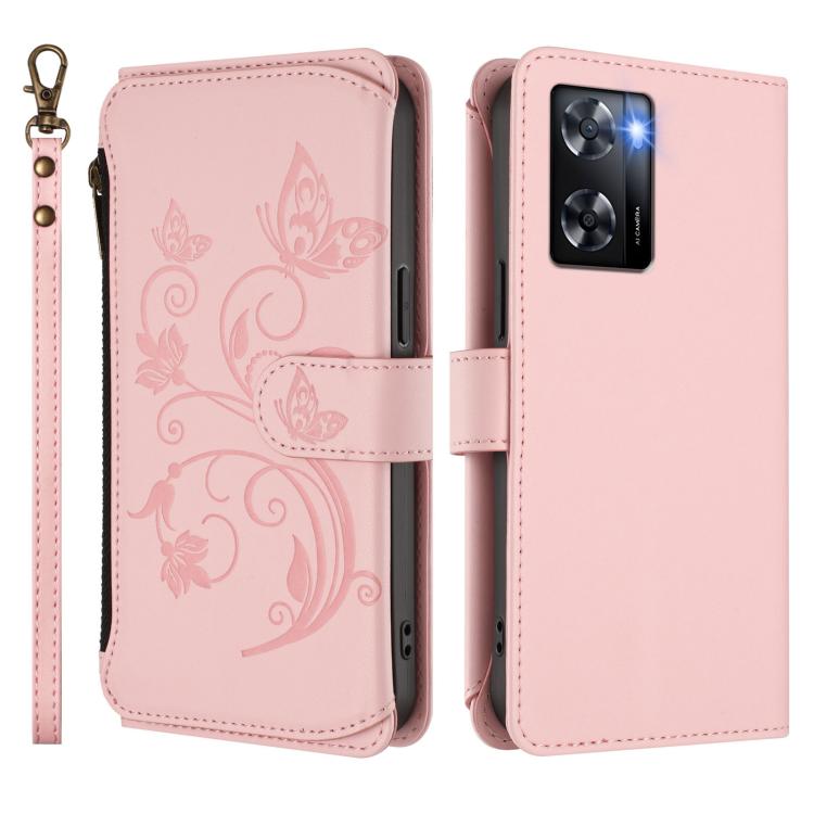 For OPPO A57 / A77 / A57s 4G Global Butterfly Love Flower Multi-card Zipper Wallet Leather Phone Case