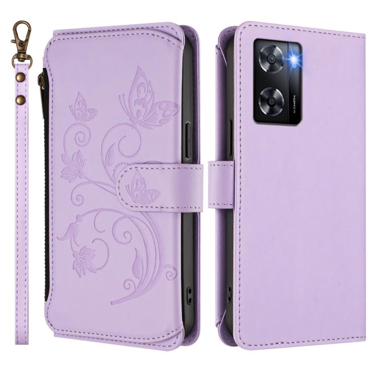 For OPPO A57 / A77 / A57s 4G Global Butterfly Love Flower Multi-card Zipper Wallet Leather Phone Case
