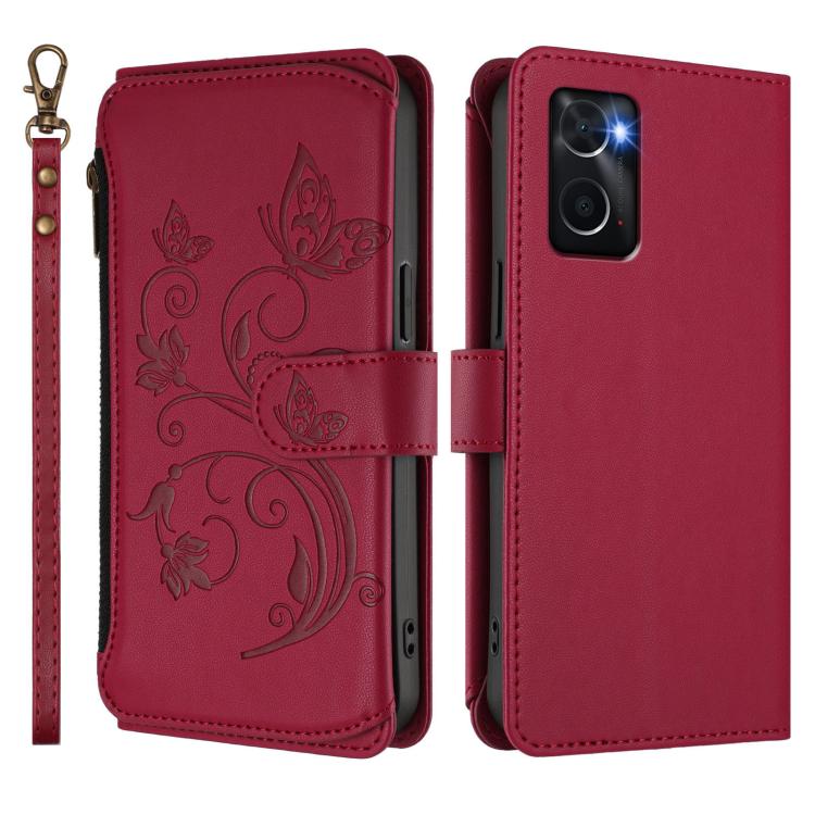 For OPPO A36 / A76 / A96 / K10 4G Butterfly Love Flower Multi-card Zipper Wallet Leather Phone Case