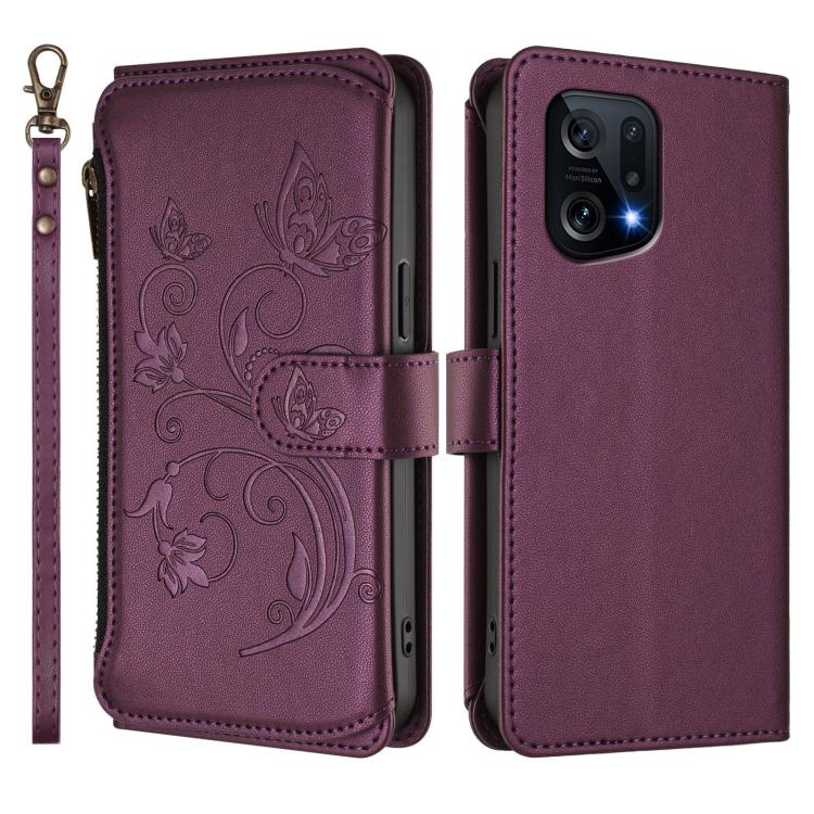 For OPPO Find X5 Butterfly Love Flower Multi-card Zipper Wallet Leather Phone Case