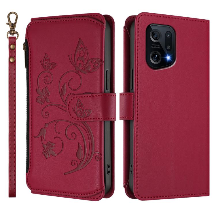 For OPPO Find X5 Butterfly Love Flower Multi-card Zipper Wallet Leather Phone Case