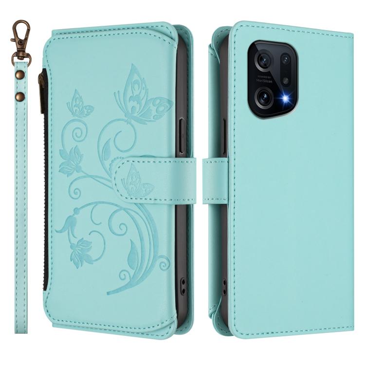 For OPPO Find X5 Butterfly Love Flower Multi-card Zipper Wallet Leather Phone Case