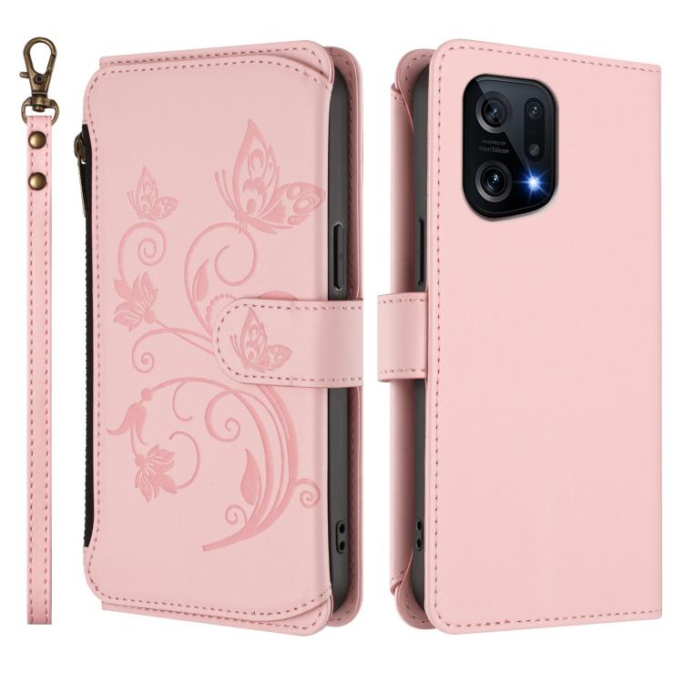 For OPPO Find X5 Butterfly Love Flower Multi-card Zipper Wallet Leather Phone Case