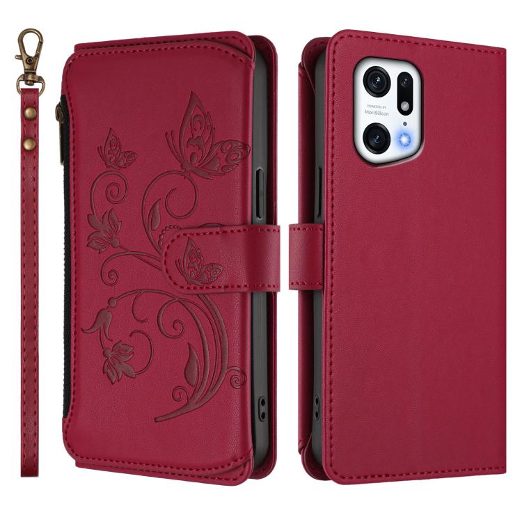 For OPPO Find X5 Pro Butterfly Love Flower Multi-card Zipper Wallet Leather Phone Case