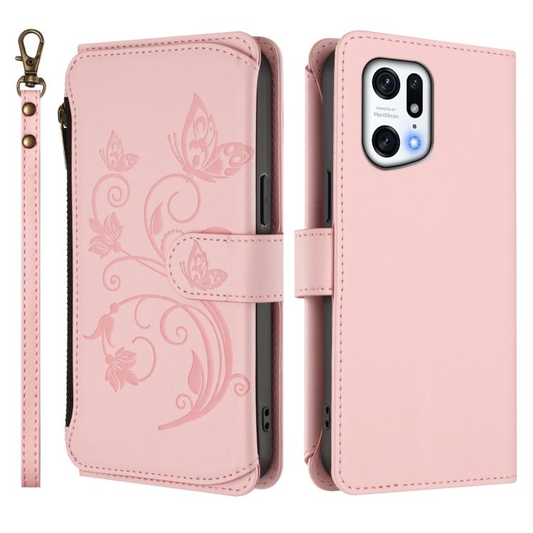 For OPPO Find X5 Pro Butterfly Love Flower Multi-card Zipper Wallet Leather Phone Case