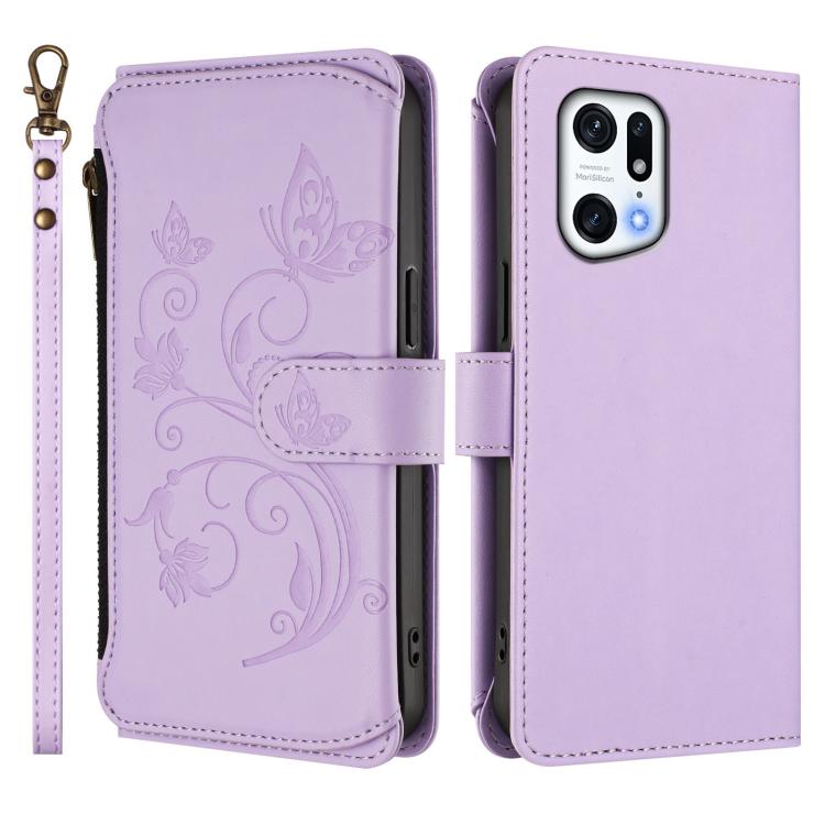 For OPPO Find X5 Pro Butterfly Love Flower Multi-card Zipper Wallet Leather Phone Case