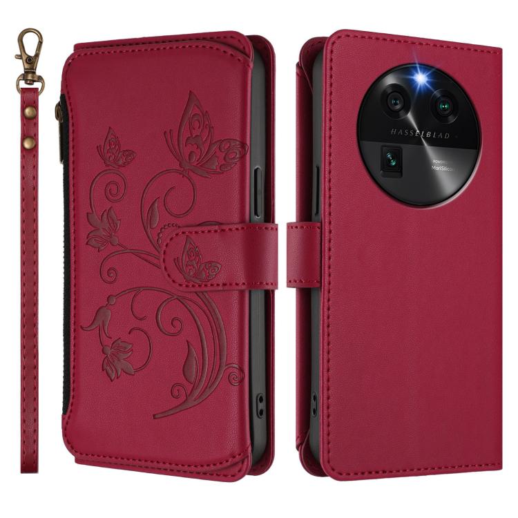 For OPPO Find X6 5G Butterfly Love Flower Multi-card Zipper Wallet Leather Phone Case