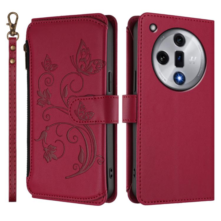 For OPPO Find X7 Butterfly Love Flower Multi-card Zipper Wallet Leather Phone Case