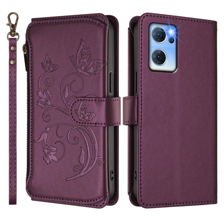 For OPPO Reno7 5G Global / Find X5 Lite Butterfly Love Flower Multi-card Zipper Wallet Leather Phone Case