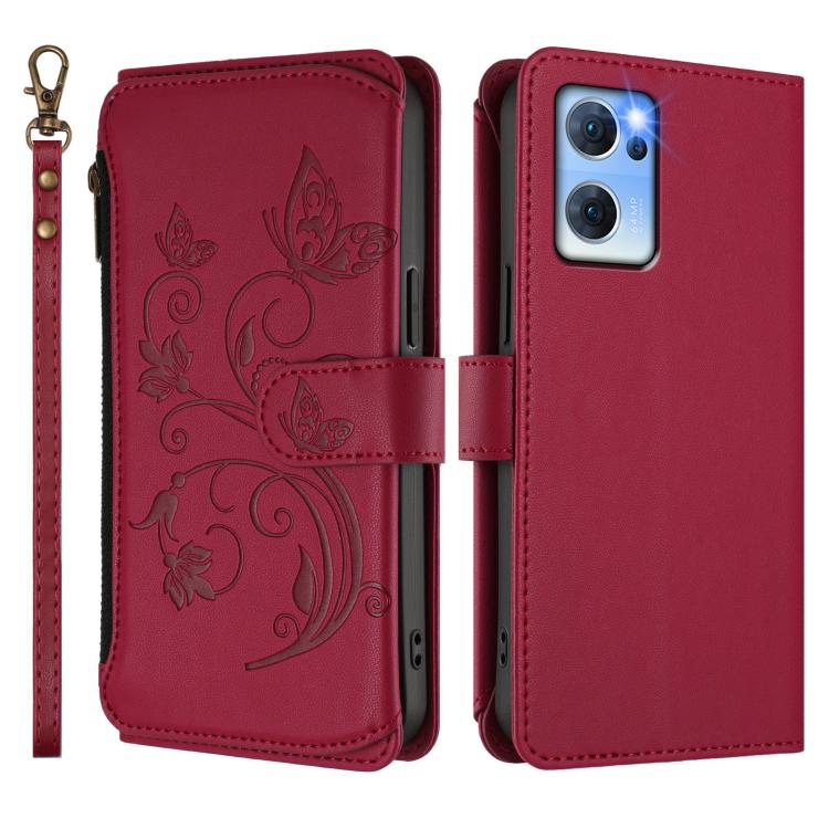 For OPPO Reno7 5G Global / Find X5 Lite Butterfly Love Flower Multi-card Zipper Wallet Leather Phone Case