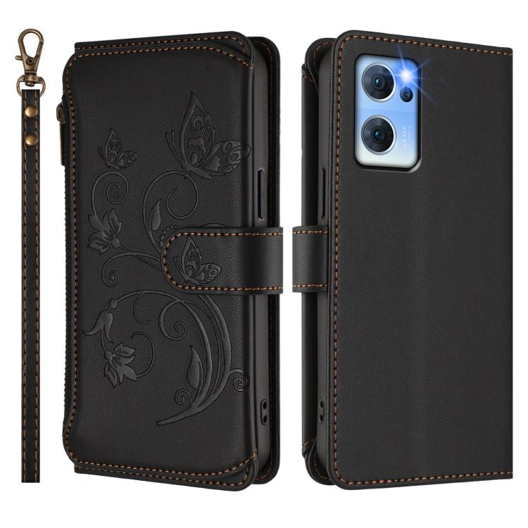 For OPPO Reno7 5G Global / Find X5 Lite Butterfly Love Flower Multi-card Zipper Wallet Leather Phone Case