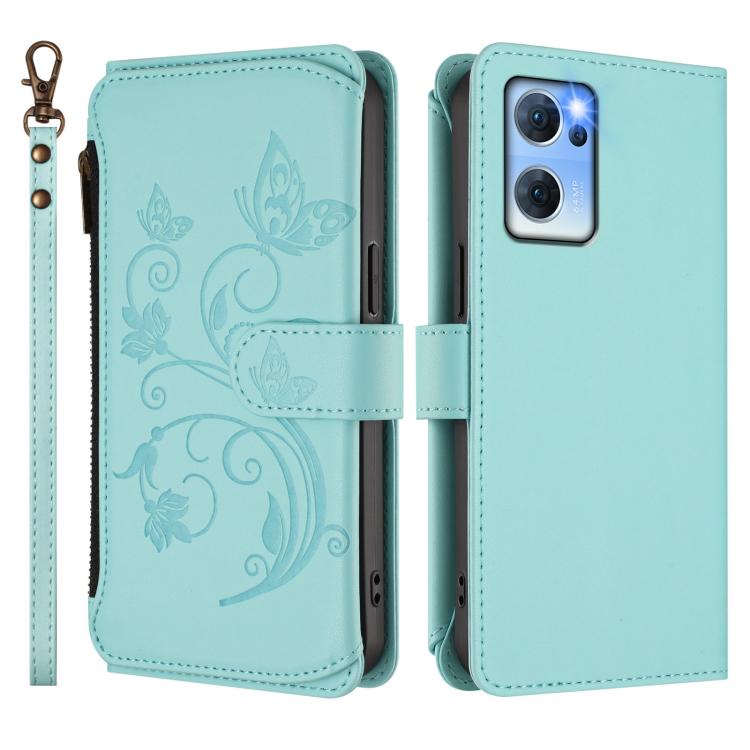 For OPPO Reno7 5G Global / Find X5 Lite Butterfly Love Flower Multi-card Zipper Wallet Leather Phone Case