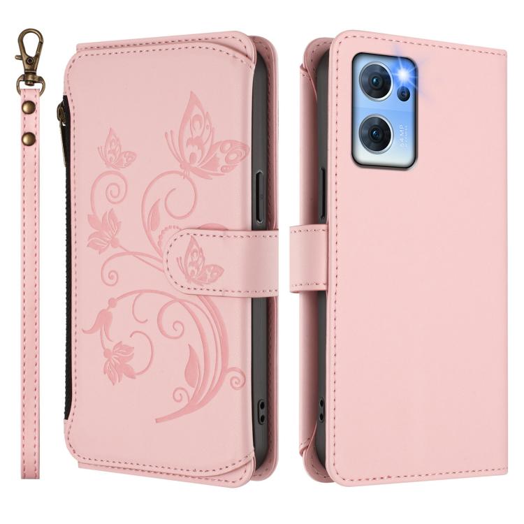 For OPPO Reno7 5G Global / Find X5 Lite Butterfly Love Flower Multi-card Zipper Wallet Leather Phone Case