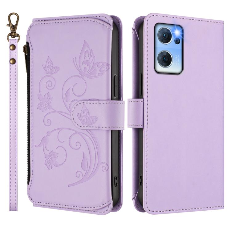 For OPPO Reno7 5G Global / Find X5 Lite Butterfly Love Flower Multi-card Zipper Wallet Leather Phone Case