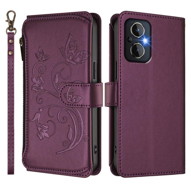 For OPPO Reno8 4G / Reno7 4G Global Butterfly Love Flower Multi-card Zipper Wallet Leather Phone Case