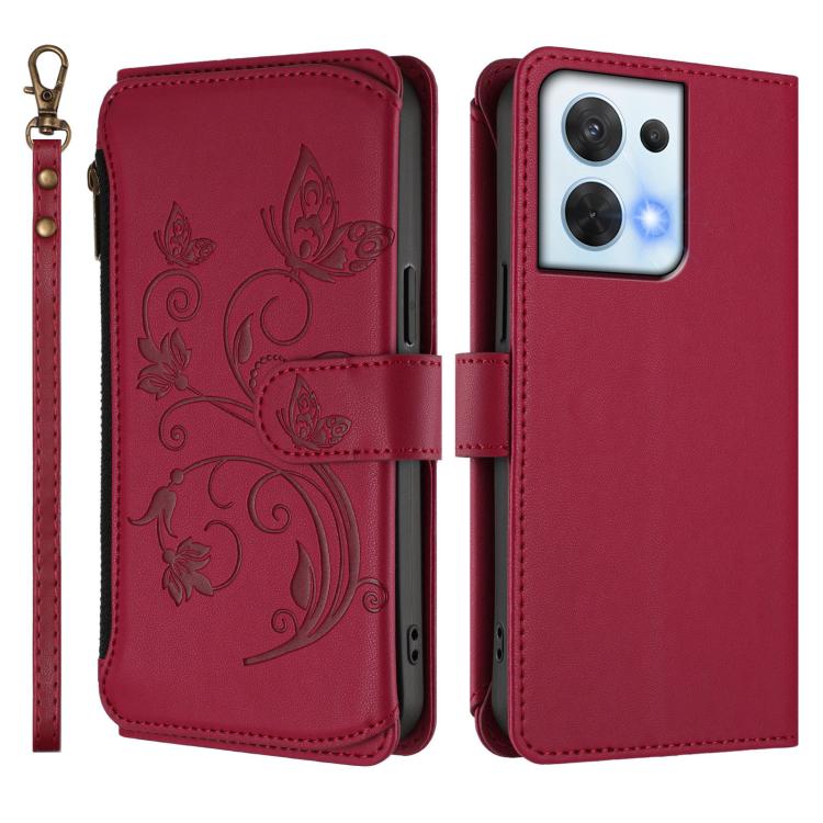 For OPPO Reno8 5G Butterfly Love Flower Multi-card Zipper Wallet Leather Phone Case