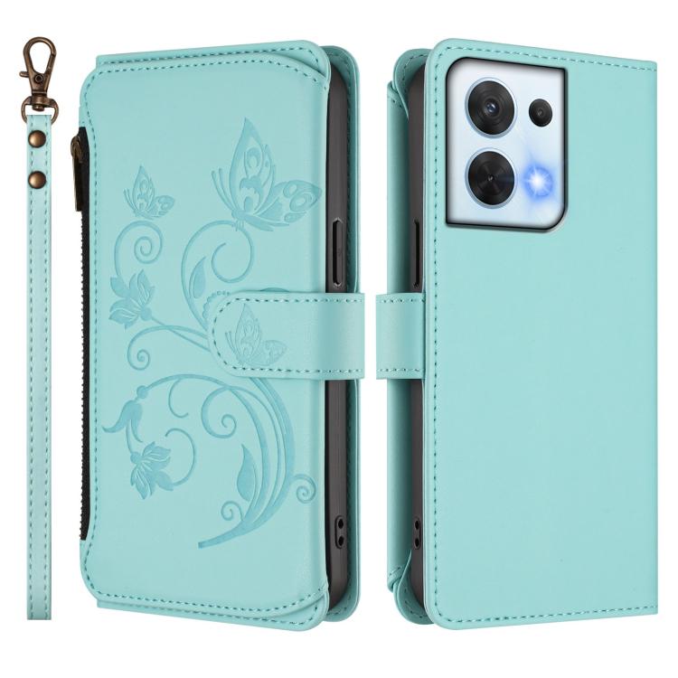 For OPPO Reno8 5G Butterfly Love Flower Multi-card Zipper Wallet Leather Phone Case