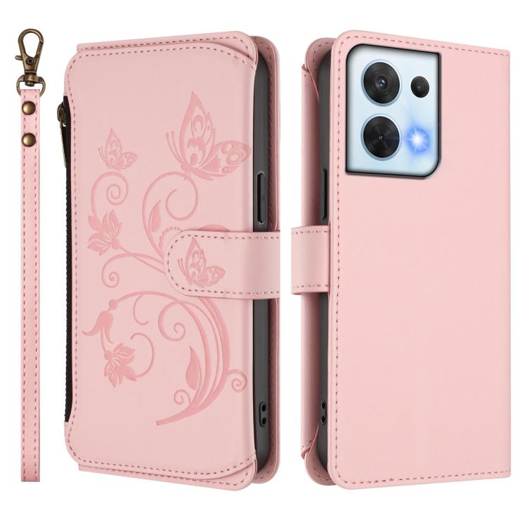For OPPO Reno8 5G Butterfly Love Flower Multi-card Zipper Wallet Leather Phone Case
