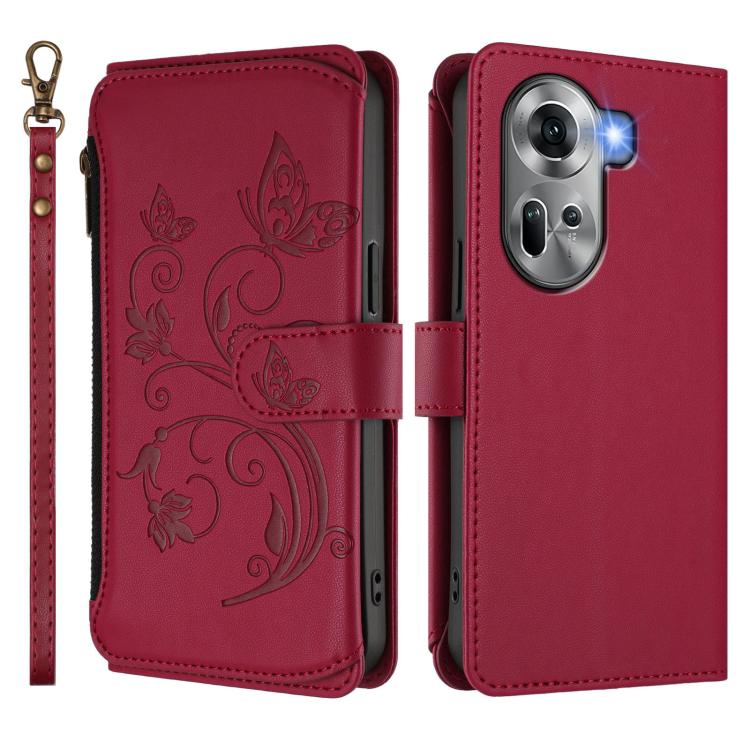 For OPPO Reno11 5G Global Butterfly Love Flower Multi-card Zipper Wallet Leather Phone Case