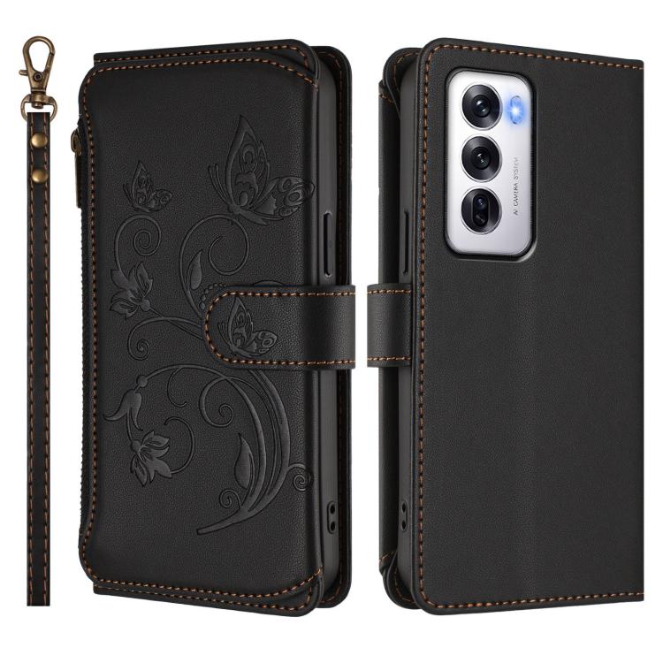 For OPPO Reno12 5G Global Butterfly Love Flower Multi-card Zipper Wallet Leather Phone Case