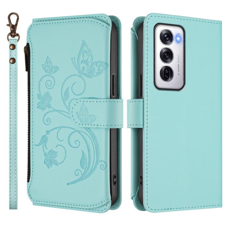 For OPPO Reno12 5G Global Butterfly Love Flower Multi-card Zipper Wallet Leather Phone Case
