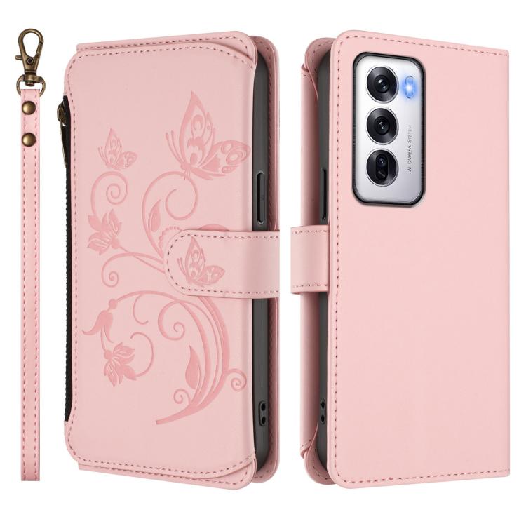 For OPPO Reno12 5G Global Butterfly Love Flower Multi-card Zipper Wallet Leather Phone Case