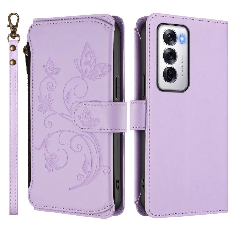 For OPPO Reno12 5G Global Butterfly Love Flower Multi-card Zipper Wallet Leather Phone Case